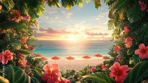 Tropical Paradise Sunset Beach Scene: Vibrant Flowers Frame a Serene Ocean View at Golden Hour photo