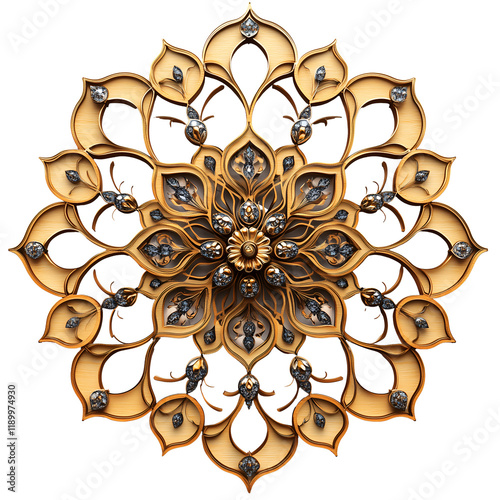 golden islamic ornament with floral pattern illustration in transparent background