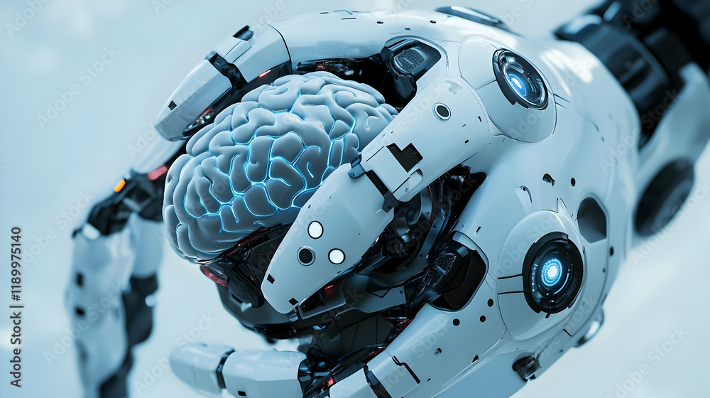 Fototapeta premium Robotic hand gently holding a human brain.