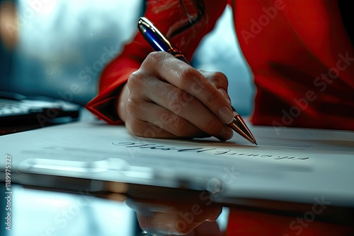 High Resolution Picture of Business Womans Signature on Document photo