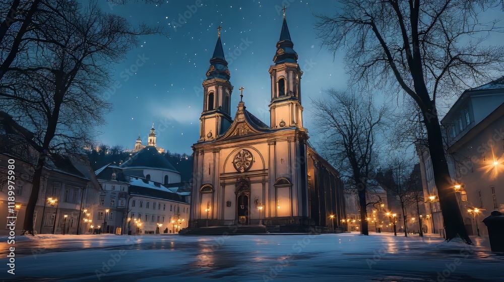 Fototapeta premium Night view of church in snowy square