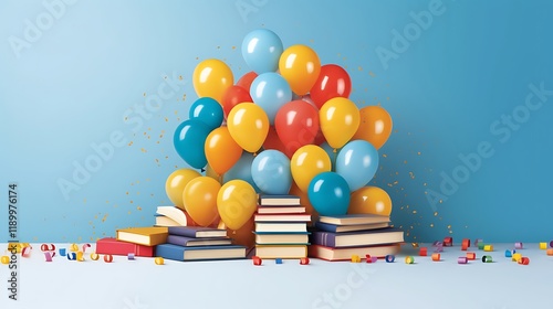 Colorful Balloons Celebrate a Stack of Books