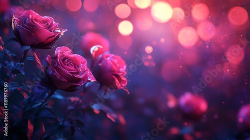 Three Dark Pink Roses Bloom in Nighttime Garden photo