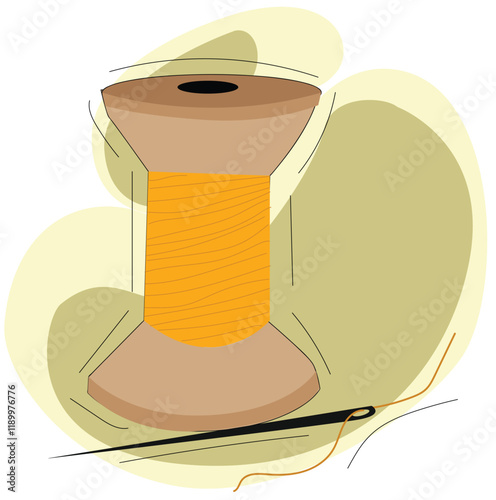  a spool of orange thread and a sewing needle.