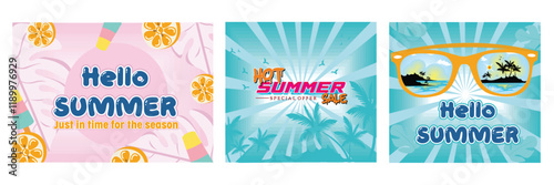 Tropical Fruits and Popsicle. Blue Themed Hot Summer Sale Promotion. The summer design features stylish glasses with tropical islands and sunset reflections. Set flat vector modern illustration