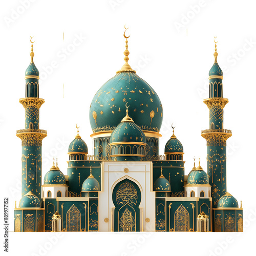 Luxurious white and emerald green mosque ornament on a transparent background