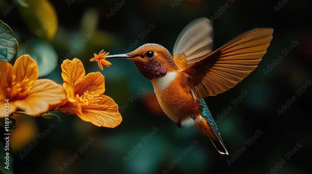 Fototapeta premium Hummingbird feeding, garden, flowers, blurred background, nature