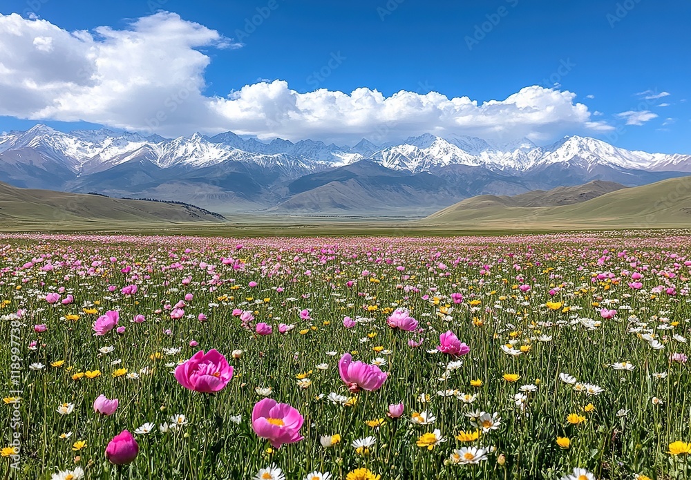 Vibrant Wildflowers Bloom Abundantly in Mountain Valley under a Sunny Sky, Creating a Stunning Landscape Vibrant Wildflowers Bloom Abundantly in Mountain Valley under a Sunny Sky, Creating a Stunning Landscape
