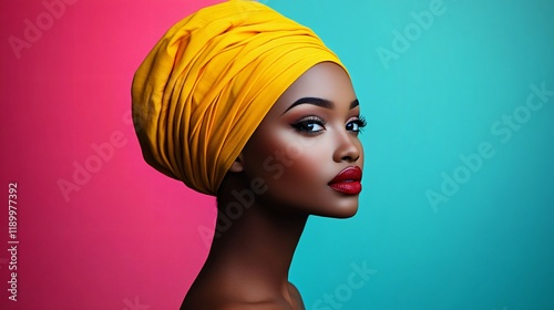 Stylish portrait of an elegant woman with a vibrant yellow headwrap, ideal for Black History Month, fashion campaigns, and empowering women initiatives.