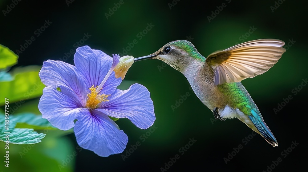 Fototapeta premium Hummingbird feeding purple hibiscus, garden, nature
