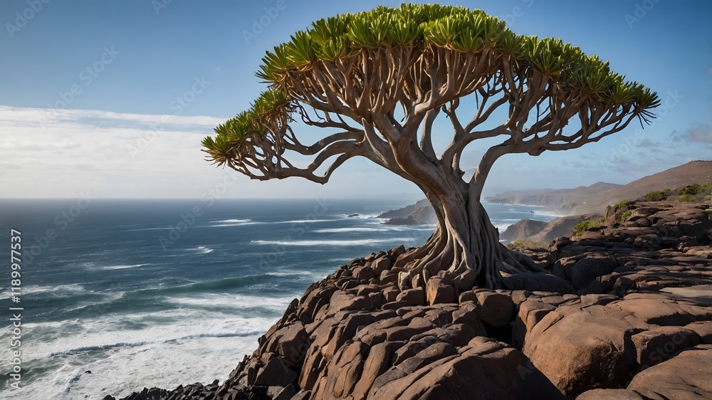 Ancient Dragon Blood Tree Standing on a Cliff with a View of the Ocean Ancient Dragon Blood Tree Standing on a Cliff with a View of the Ocean
