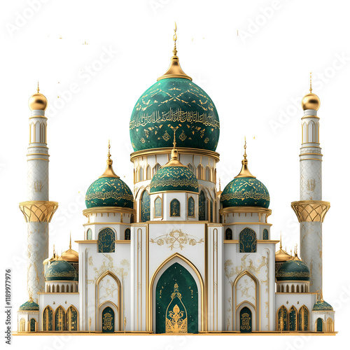 Luxurious white and emerald green mosque ornament on a transparent background
