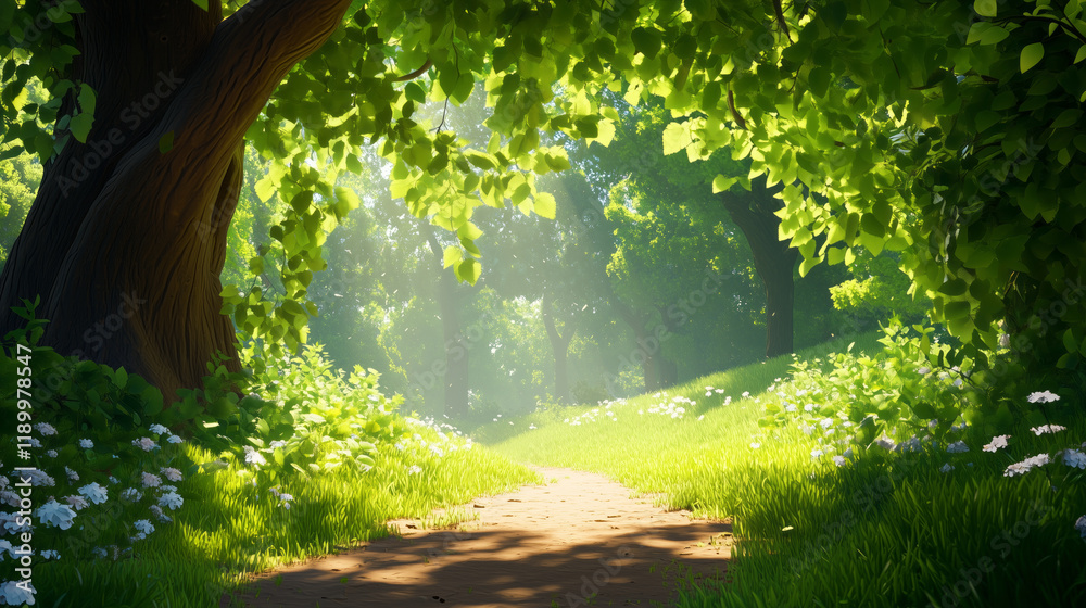 Fototapeta premium serene forest path with lush greenery and sunlight filtering through trees