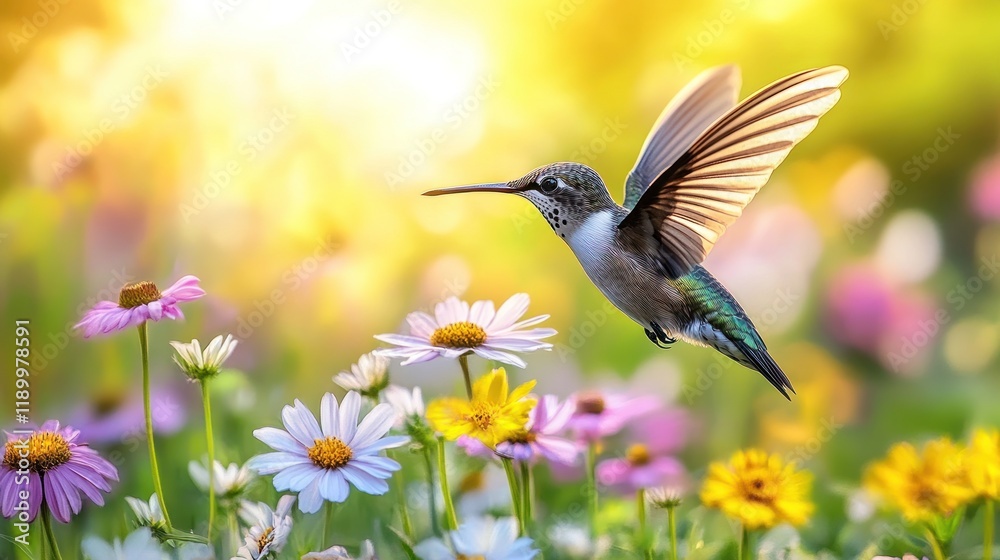 Fototapeta premium Hummingbird in flight, garden sunset, floral background, nature poster