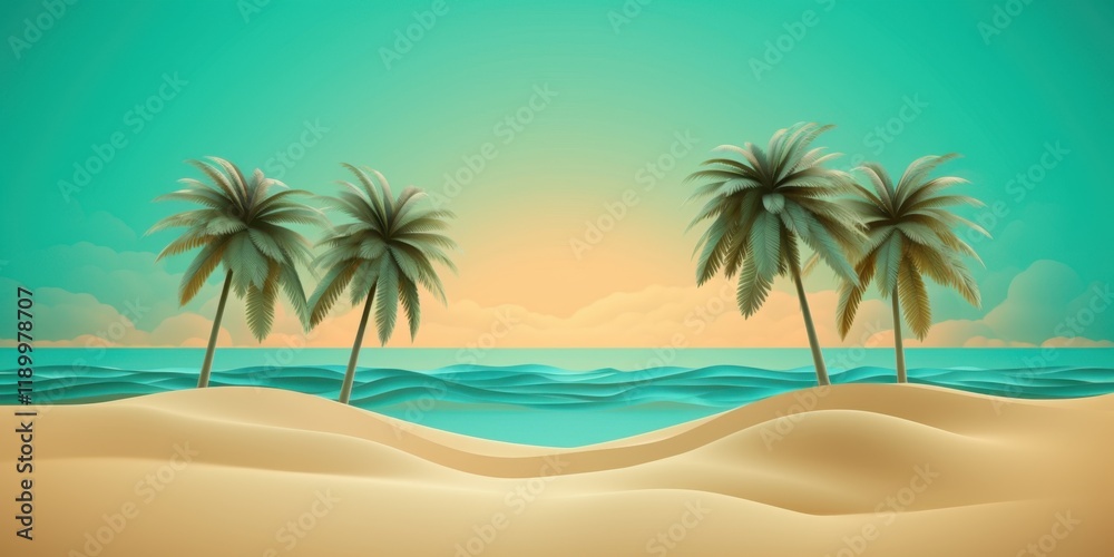Fototapeta premium Serene Tropical Beach Sunset: Palm Trees Silhouette Against Teal Ocean Waves