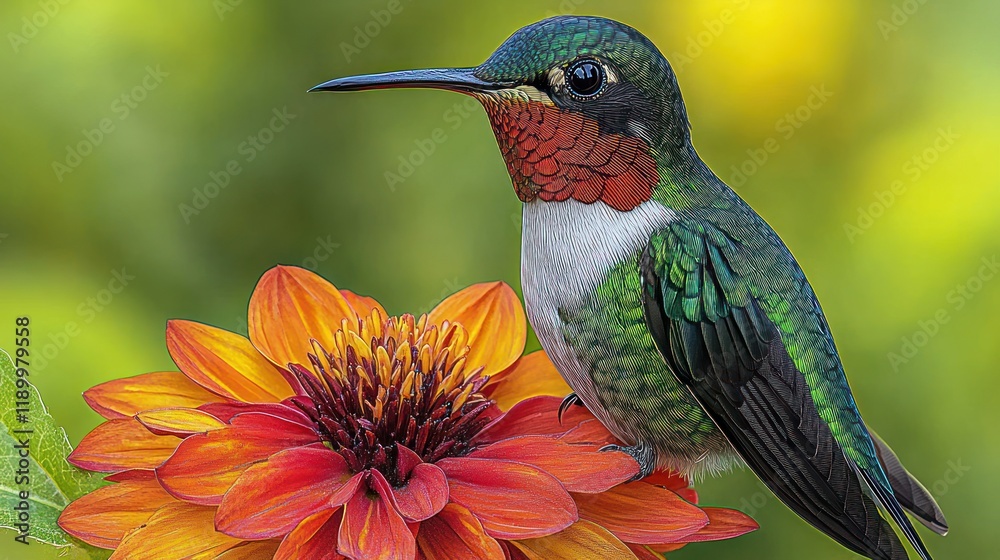 Naklejka premium Hummingbird perched on flower, garden, blurred background, nature poster