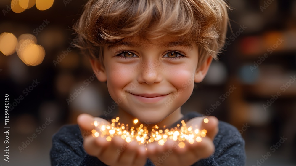 Naklejka premium Happy boy holding sparkling lights.
