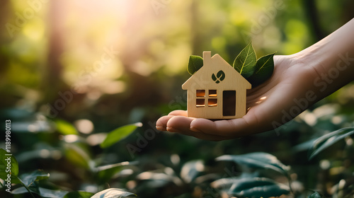 A hand holds an eco-friendly house icon against a natural backdrop.