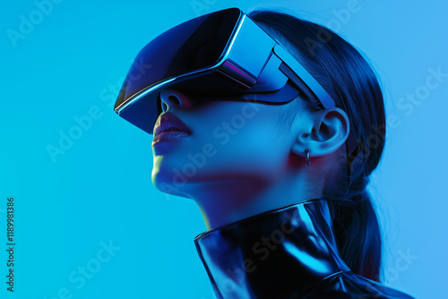 Woman wearing virtual reality goggle glass, having 3d experience in virtual reality. Metaverse and blockchain 3D experience technology. Generative Ai.