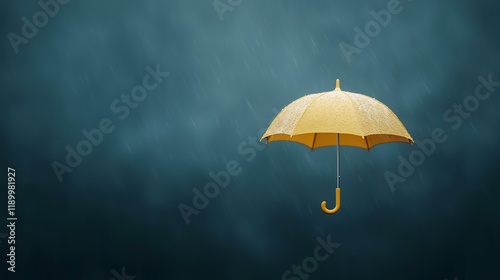 Yellow umbrella floats in stormy weather, rain background; protection concept