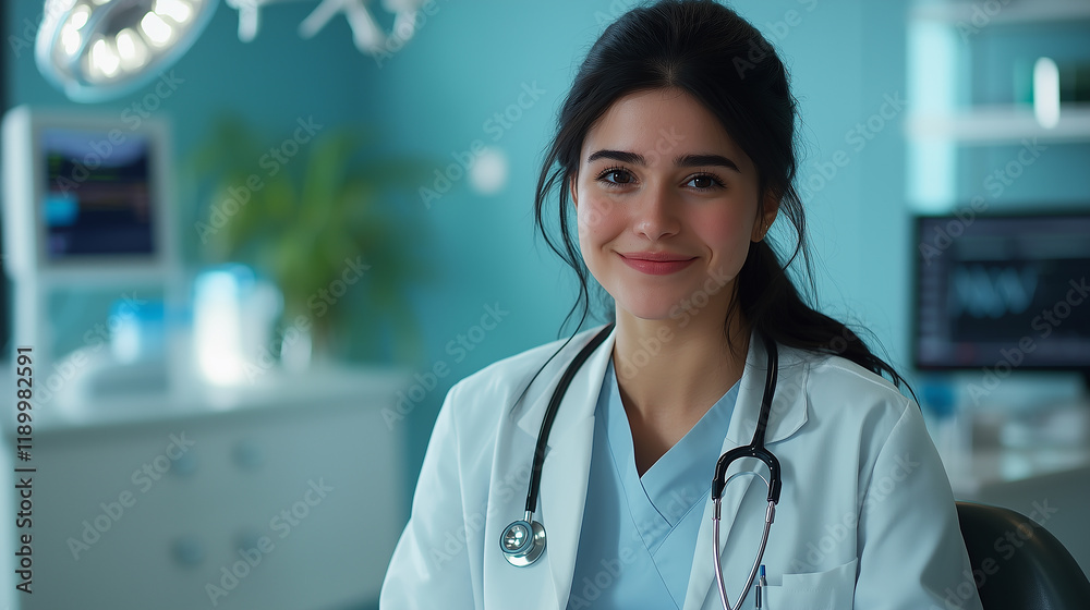 Smiling Female Doctor in Medical Office with Stethoscope. A confident female doctor wearing a white coat and stethoscope, smiling in a modern medical office. Healthcare, medicine Smiling Female Doctor in Medical Office with Stethoscope. A confident female doctor wearing a white coat and stethoscope, smiling in a modern medical office. Healthcare, medicine
