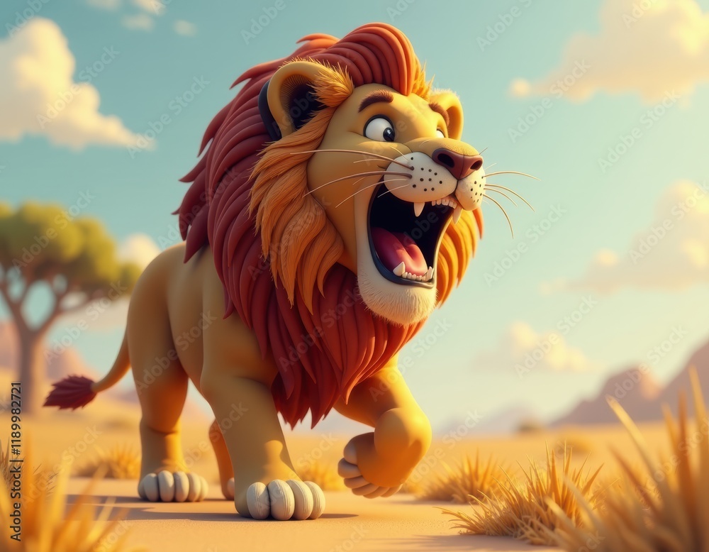 Cartoon Lion Roaring in the Savannah