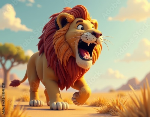 Cartoon Lion Roaring in the Savannah photo