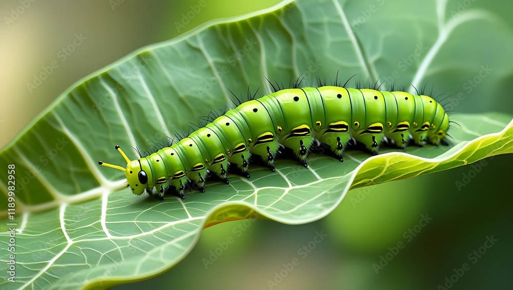 Green caterpillar crawling on a vibrant green leaf Green caterpillar crawling on a vibrant green leaf