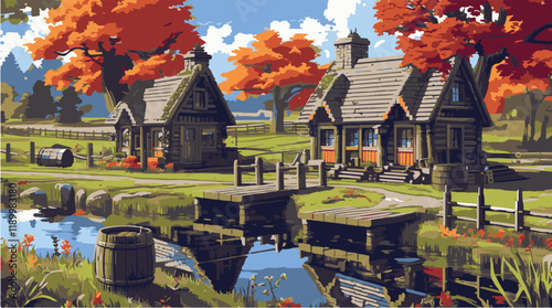 A serene rural pixel art scene featuring two cozy wooden cottages near a calm river
