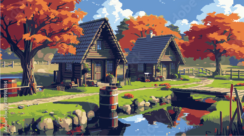 A serene rural pixel art scene featuring two cozy wooden cottages near a calm river