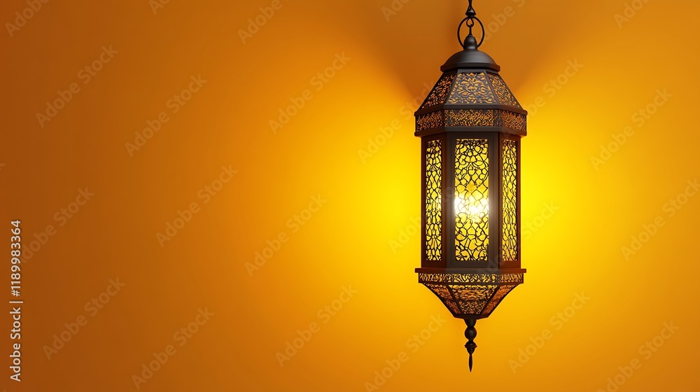 Illuminated Ornate Lantern Against Amber Background