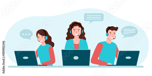 Customer service, hotline operators consult customers with headsets on computers, online technical support, call center vector illustration