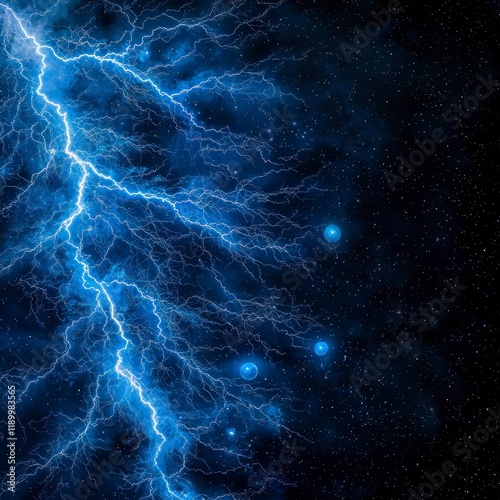 Electric Blue Lightning Bolts  Glowing Orbs  Cosmic Background  Nebula  Space  Stars  Gala