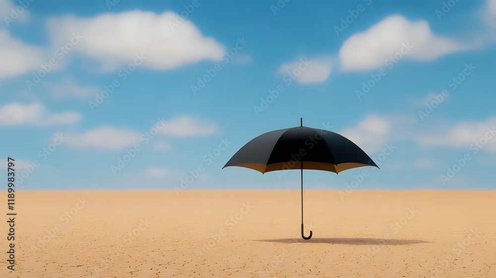 Desert landscape, black umbrella standing alone, sunny sky, protection concept, website banner Desert landscape, black umbrella standing alone, sunny sky, protection concept, website banner