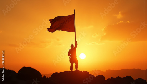 Patriotic Flag Bearer Soldier Silhouette in Golden Sunset photo