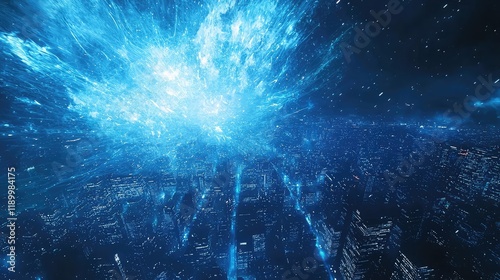 Night Sky Explosion over Futuristic Cityscape with Neon Lights