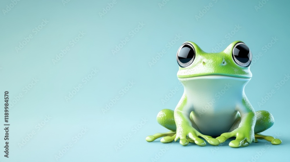 Obraz premium Adorable Green Frog with Big Eyes Posing Against a Light Blue Background a Cute Amphibian 3D Render
