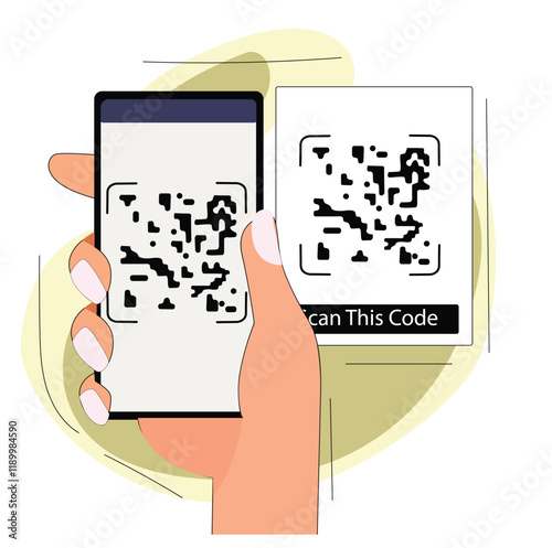 Holding smarphone scanning code vector.