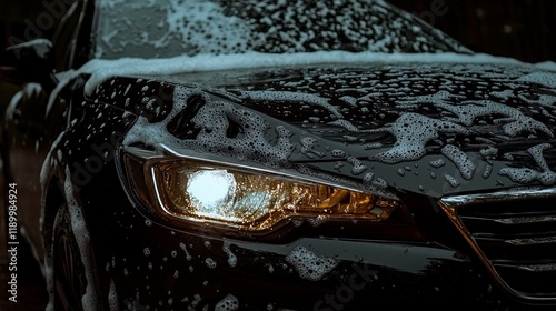 Black Car Wash  Soapy Foam  Headlights  Detailing  Winter  Night