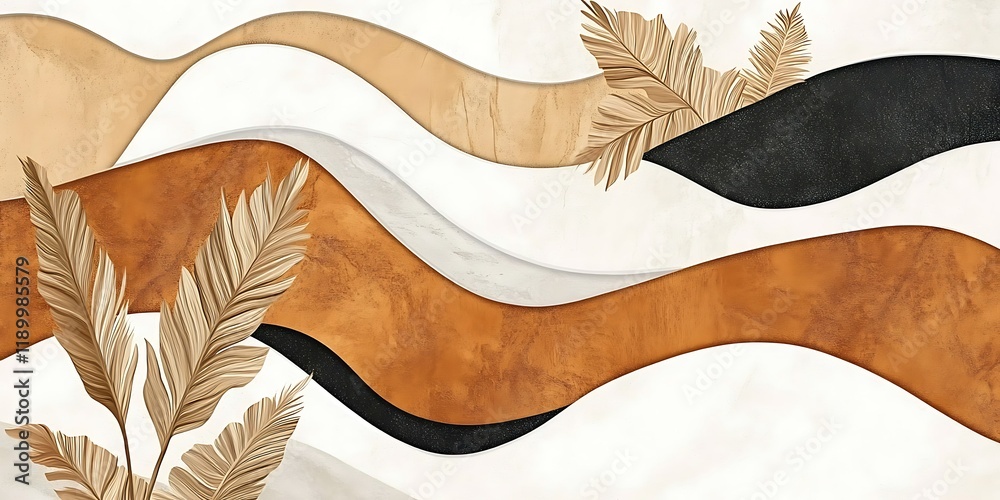 Obraz premium Abstract wavy design, beige, brown, black, palm leaves, background texture, home decor
