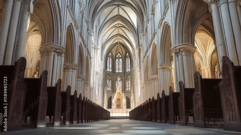 Fototapeta premium Grand cathedral interior, sunlight streams in.