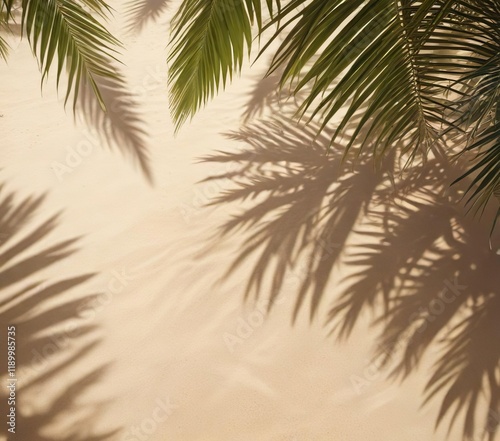 Abstract background of palm leaves in various stages of sunlight and shadow on a tropical sandy beach, palm leaves, abstract