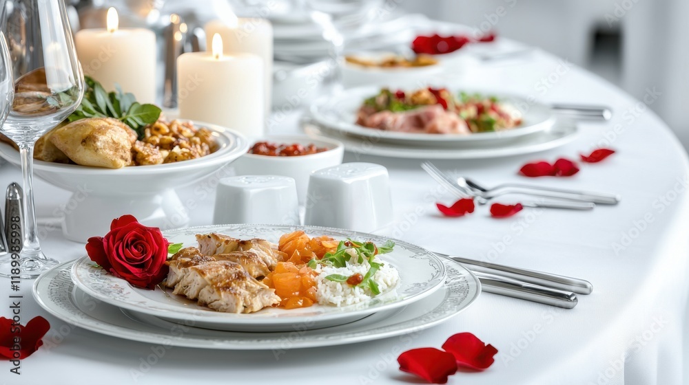 Valentine's Day concept with elegant dining and meal. Elegant dining table set with gourmet dishes and rose petals Valentine's Day concept with elegant dining and meal. Elegant dining table set with gourmet dishes and rose petals