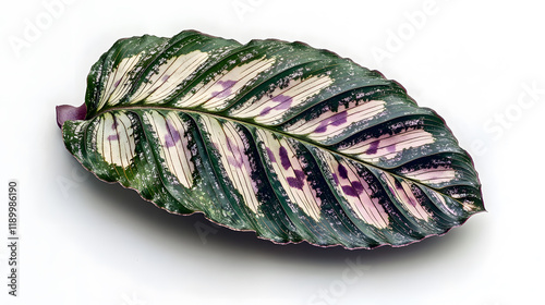 Single vibrant leaf with striking green, cream, and purple patterns isolated on a white background. Intricate details showcase the leaf's texture and unique coloration.