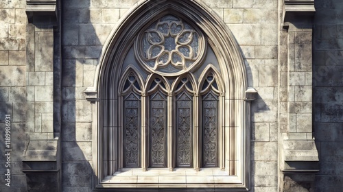 Ornate Gothic window in stone wall