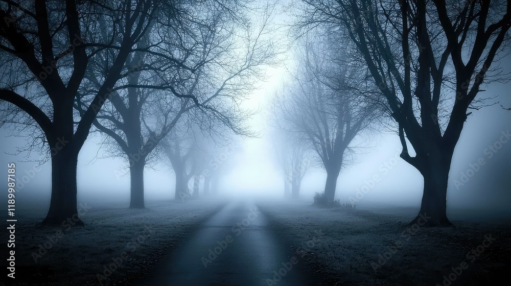 Fototapeta premium Misty Forest Pathway Surrounded by Trees in Foggy Atmosphere