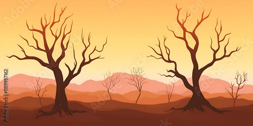 Sunset over arid landscape, barren trees, distant mountains, drought scene. Ideal for environmental themes photo