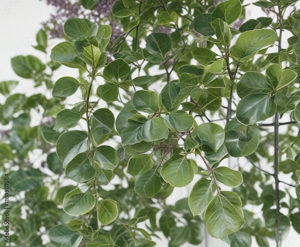 Close-up of lilac leaves with veins and stems against white background, botanical art, essential oil plant, greenery Close-up of lilac leaves with veins and stems against white background, botanical art, essential oil plant, greenery