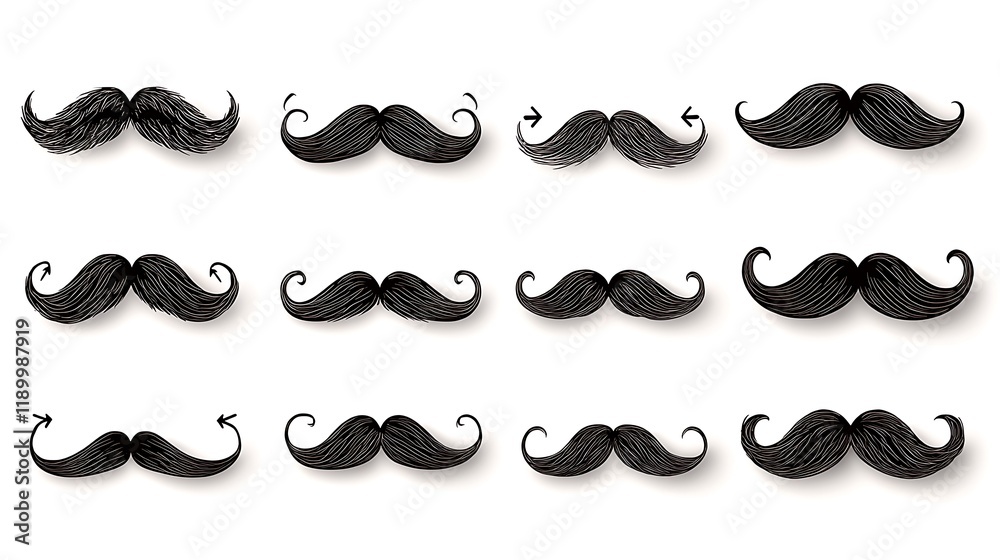 Diverse Mustache Styles Isolated White Background.