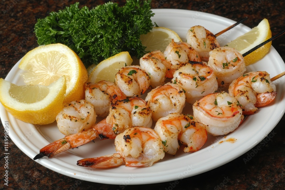 Grilled Shrimp Skewers with Lemon Wedges on Plate Grilled Shrimp Skewers with Lemon Wedges on Plate
